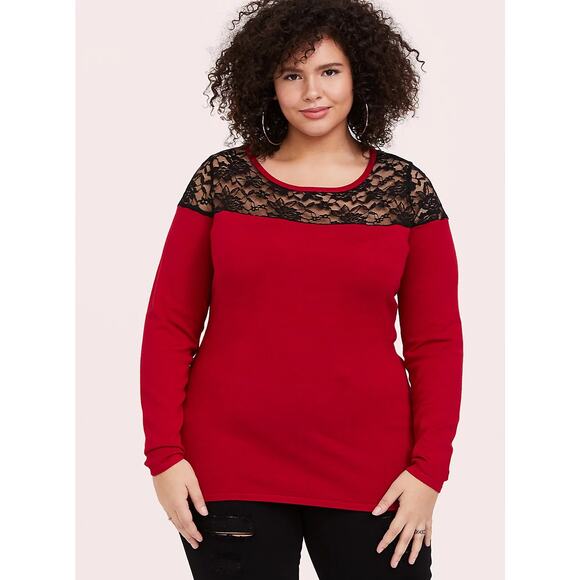 Torrid Womens Sweater Size 00 M 10 Red Knit & Black Lace Yoke Neck Top - Picture 1 of 7